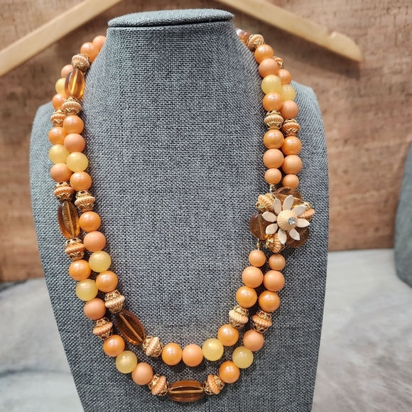 Vintage Double Strand Peach & Amber Bead Necklace w/ Floral Accent - Picture 2 of 10